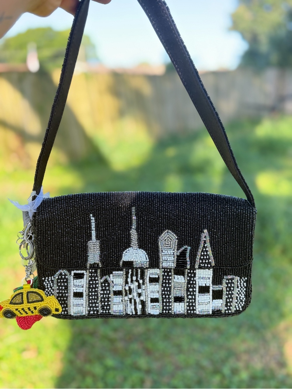 Black Beaded New York Cityscape Shoulder Bag